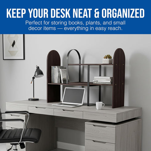 Maplefield Desk Hutch Expandable Shelf Organizer, Walnut Finish, Engineered Wood Desktop Storage Rack for Office, Dorm