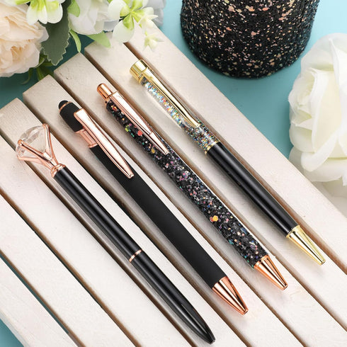 Sabary 8 Pcs Ballpoint Pens with Pen Holder, Metal Crystal Diamond Pen, Glitter Pencil Holder, Fancy Black Ink Pens for