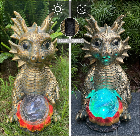 LCKFTY 7-Color Solar Garden Statue Dragon Figurine with Changing Solar Crackle Globe Lights- Loving Dragon
