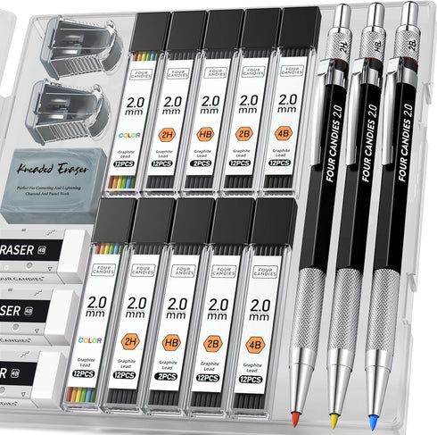 Four Candies 3PCS 2MM Mechanical Pencils with Case, Metal Lead Holder with 120 Graphite Lead Refills, 4 Erasers,