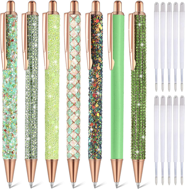 Sherr 7 Pcs Fancy Pens for Women, Cute Sparkly Glitter Pens, 10 Pcs Black Ink Refills, Journaling Gifts