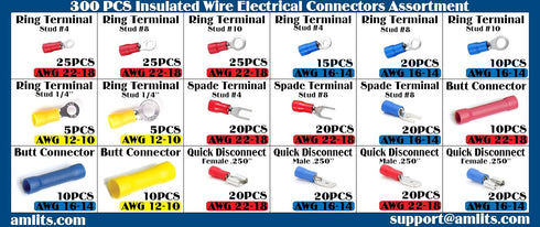300 PCS Insulated Wire Electrical Connectors - Butt, Ring, Spade, Quick Disconnect Assortment Kit