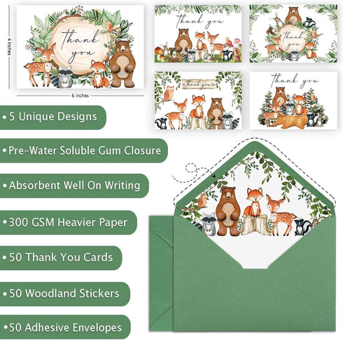 Yuzioey 4x6 (50PCS) Woodland Thank You Cards, Forest Animals Thank You Notes with Matching Envelopes & Stickers
