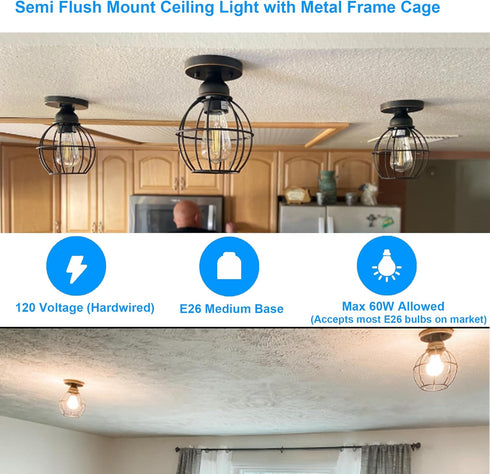 1-Pack Farmhouse Ceiling Light Fixture, Vintage Semi Flush Mount Ceiling Light, Small Metal Cage Lighting Lamp