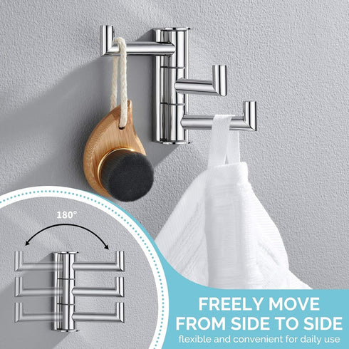 Angle Simple Swivel Towel Hook, Polished Chrome 304 Stainless Steel 3-Arm Robe Hook, Wall Mounted Towel Rack