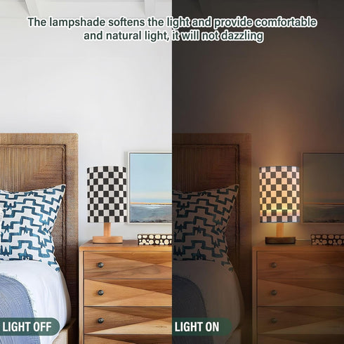 WEVIBOFU Table Lamp Black White Checkered Nightstand Lamp with Wood Base LED Bedside Shade Desk Lamp for Bedroom Living