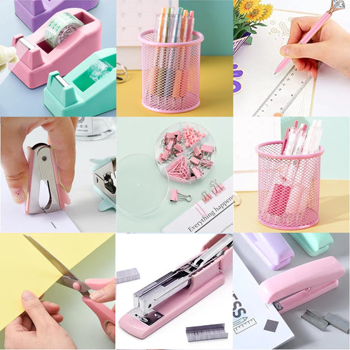 Pink Office Supplies Set - Pink Desk Accessories, Stapler, Staple Remover, Scissors, and 1000pcs Staples