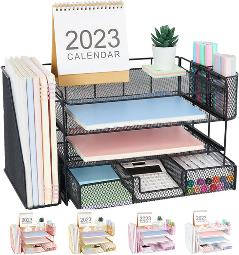 Desk Organizers and Accessories, Workspace Organizers for Office Supplies, 2 Pen Holders, 4 Tier Paper Organizer for