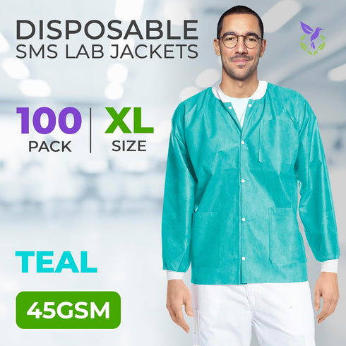 45 3 AMZ Medical Supply Disposable Lab Jackets, GSM SMS, Snap Front Coat with Knit Cuffs Collar & Pockets, Hip Length