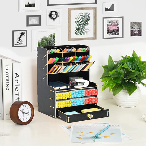 Marbrasse Black Wooden Desk Organizer, Multi-Functional Pen Holder, Storage Rack for School Home Office Art Supplies