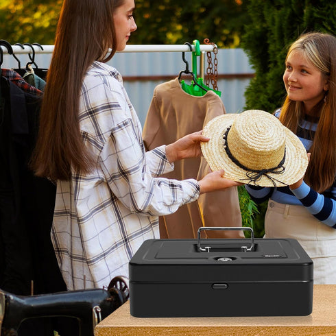 Cash Box with Key Lock on Top, 11.8L x 9.5W x 3.5H Inches, Durable Black Metal Money Box with Tray & 4 Bill Slots