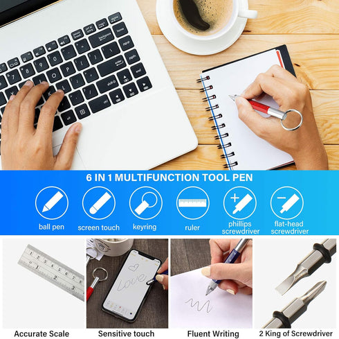 Zonon 4 Pieces 6 in 1 Multitool Tech Tool Pen with Ruler, Two-head Ballpoint Refills for Office Staff, Construction