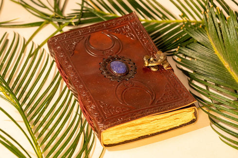 Moon Blue Lapiz Gemstone Studded Writing Handmade Leather Notebook Journal Unlined Antique Deckle Edge Vintage Paper, Leather Sketchbook, Drawing Journal, Great Gift Clasp Office Product (Brown) by Shy Shy Let's Touch The Sky