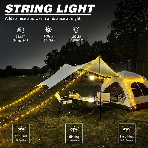 1-Pack Camping String Light with Lamp - 32.8FT Rechargeable Waterproof LED for Outdoor Decor