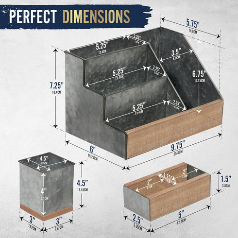 HBCY Creations Rustic Galvanized Desk Organizer Set, 3 Piece Mail Organizer for Desktop