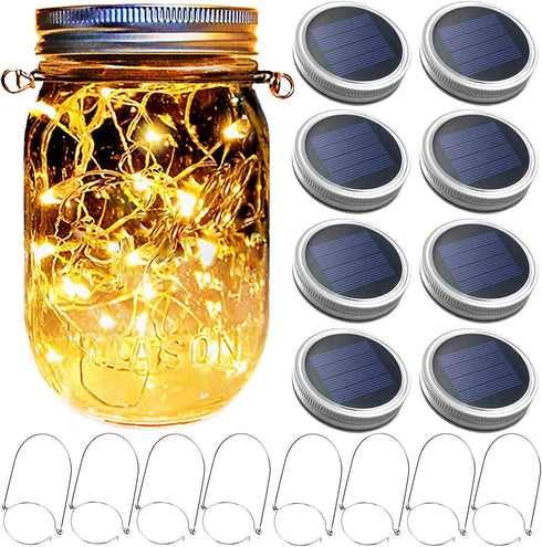 Mason Jar Solar Lantern Lights - 8 Pack 30 LED Bulbs Fairy Star Firefly Solar Lids