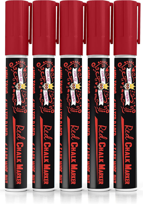 CHALKY CROWN 5 Pack Liquid Chalk Marker Pen - 6mm Reversible Tip for Chalkboard Signs, Windows, Blackboard, Glass (Red)