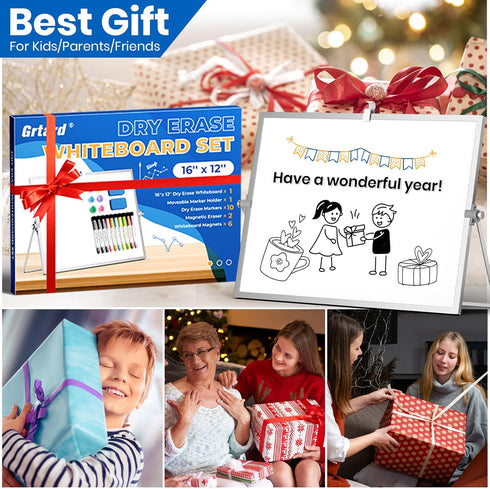 Grtard Dry Erase White Boards, 16'' x 12'' Magnetic Desktop Board with Stand, 10 Markers, 6 Magnets, 2 Erasers
