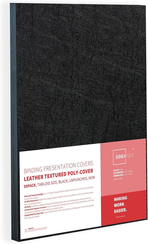Binditek 20 Pack 16 Mil Leather Textured Heavy Duty Polycovers, 11 x 17 Inches, Black Binding Covers