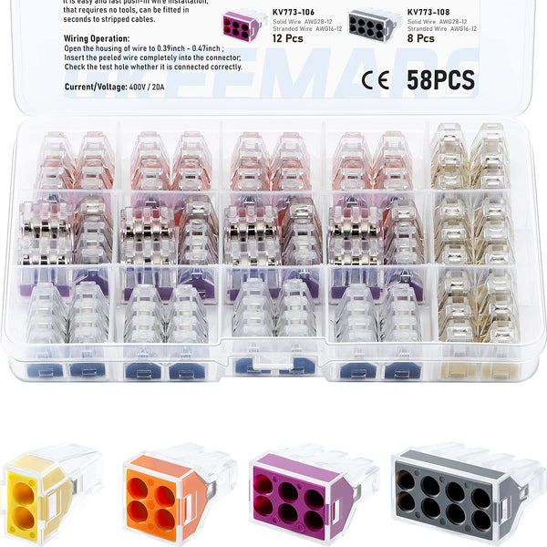 GKEEMARS 58 Pcs Push-in Wire Connector Assortment Pack for Junction Box, 2/4/6/8 Port Conductors