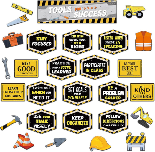 PerKoop 76 Pcs Construction Bulletin Board Set, Classroom Decor Tools for Success with Positive Saying Accents