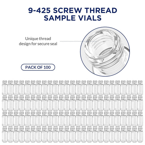 2mL Autosampler Vials, 9-425 HPLC Vials with Writing Area, Screw Cap, 100 Pcs