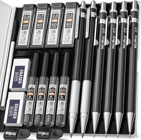 Nicpro 6 PCS Art Mechanical Pencil Set, Black Metal Drafting Pencils 0.3-0.9mm & 2PCS 2mm Graphite Lead Holder