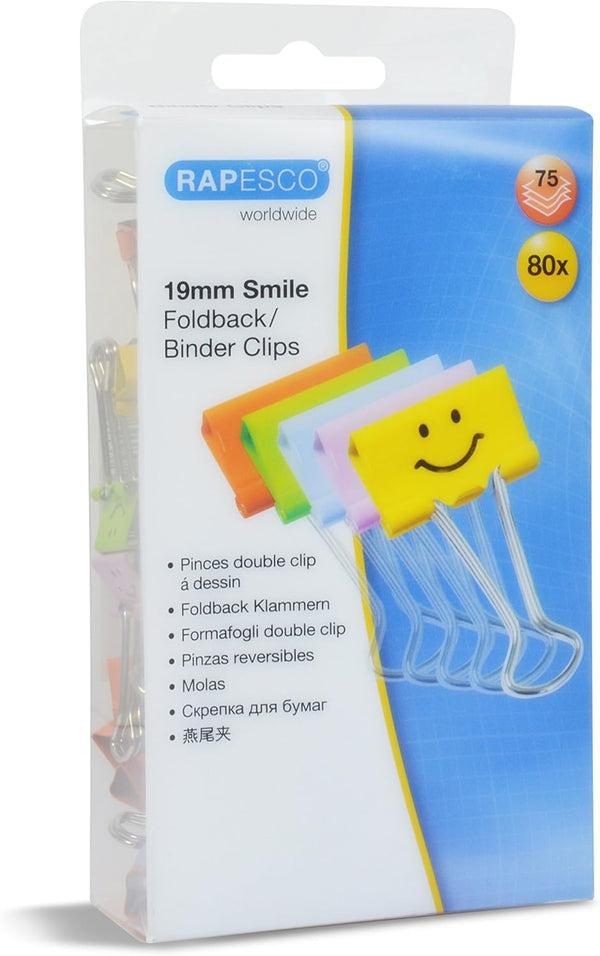 RAPESCO Smile Foldback Clips 3/4", Assorted Colours, Pack of 80