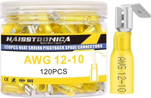 haisstronica 120 PCS Yellow Heat Shrink Piggyback Spade Connectors, 12-10 AWG Quick Disconnect Piggyback Terminals