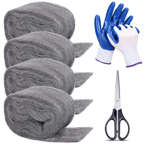 4Pack Steel Wool for Mice Control, 3.2"x10.5 ft Wool, Gap Filler for Home & Garage, DIY Bundle with Gloves & Scissors