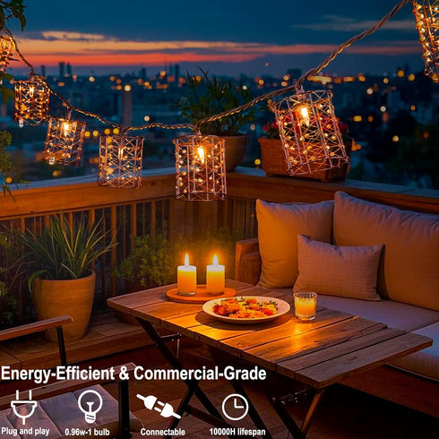 TWINKVILLA 10 Bulbs, Outdoor Patio String Lights Plug in with Incandescent Handwoven Beaded Copper Wire Style