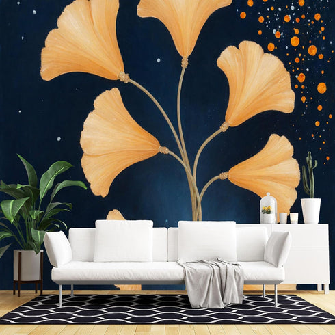 Agglomerix Custom Size Wall Murals Ginkgo Leaves Botanical Watercolor Dark Sky Sparkling Dots