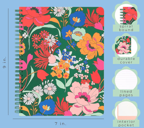 ban.do Green Floral Rough Draft Mini Spiral Notebook, 9" x 7", 160 Lined Pages, with Pockets, Superbloom