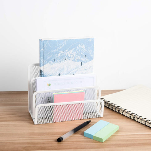 VANRA Metal Letter Tray, White - Letter Rack with 3 Compartments, Desk Organizer for School and Office