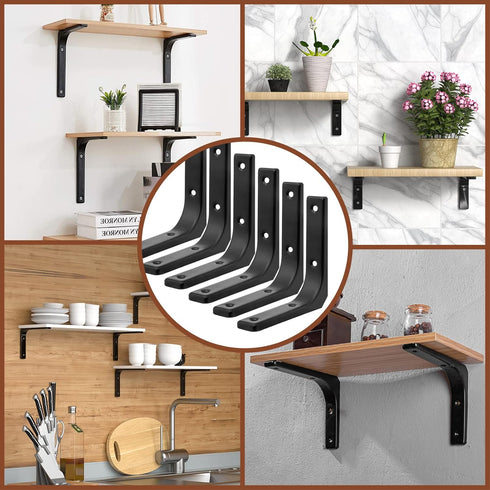 HARSKIYER 6pcs 6 5 Inch Black Metal Shelf Support Angle L Brackets, x Wall Mounted Floating Shelf Brackets Heavy Duty L