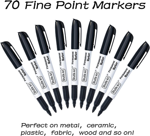 70 Pack set,Fine Shuttle Art Permanent Markers, Black Permanent Marker Point, Works on Plastic,Wood,Stone,Metal