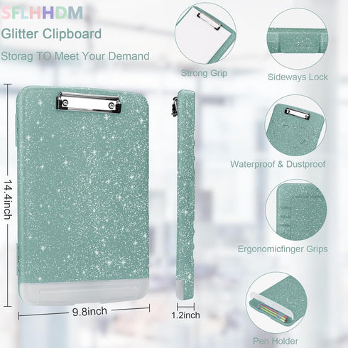 Glitter Clipboard with Storage,Storage Clipboard with Pen Holder,A4 Binder Clip Boards 8.5x11 with Low Profile Clip,Side Opening Sparkle Clipboards, Clipboard Folder for Office Supplies-Grayish Green by SFLHHDM