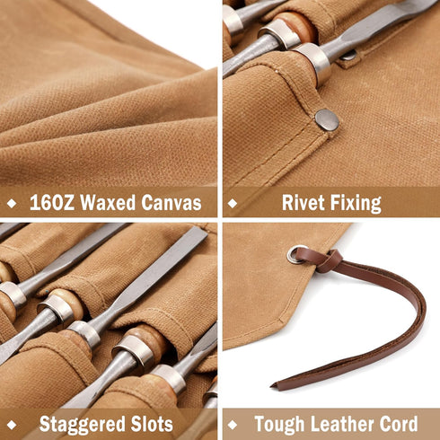 Wrench Roll Up Bag, 16oz Waxed Canvas Tool Carrier Pouch with 10 Slots, Tool Storage Roll with Tie Rope, Khaki
