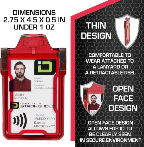 Identity Stronghold RFID Badge Holder for 1 Card, Heavy Duty Hard Plastic, FIPS 201 Approved Security - Red
