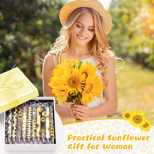 TecUnite 30 1.0 mm 10 Pcs Sunflower Pens Sunflower Gift for Sunflower Lover Yellow Flower Floral Pens Black Ink