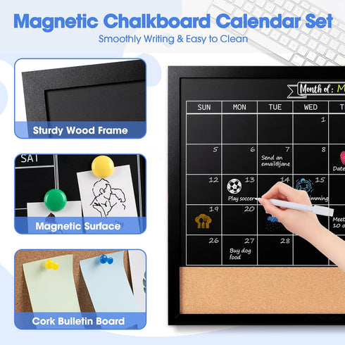 Board2by Monthly Chalkboard Calendar & Cork Board Combo, 18" x 24" Magnetic Board with Hanging Wood Frame