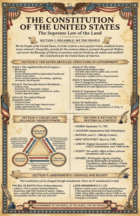Set (4 Pack) Summary, 11x17 JELLY BEAN GENIUS Constitution Poster - Framers, Flag, Article I - Laminated - US History