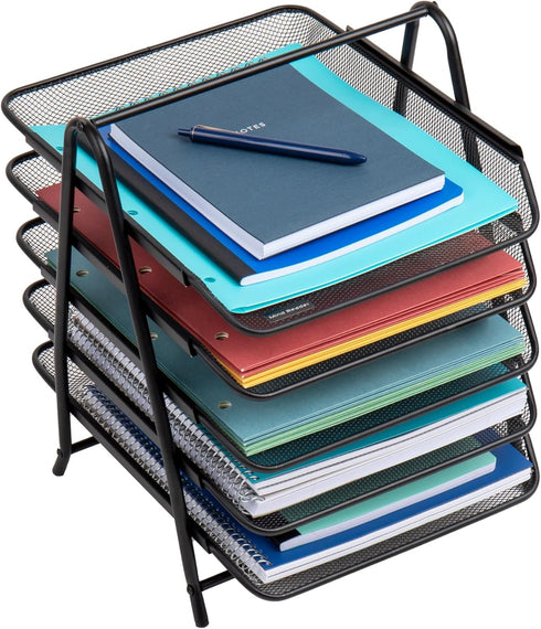 Mind Reader 5-Tier Paper Tray, Set of 2, Black Metal Mesh Desktop Organizer, File Storage, 11.75" L x 14" W x 14.5" H