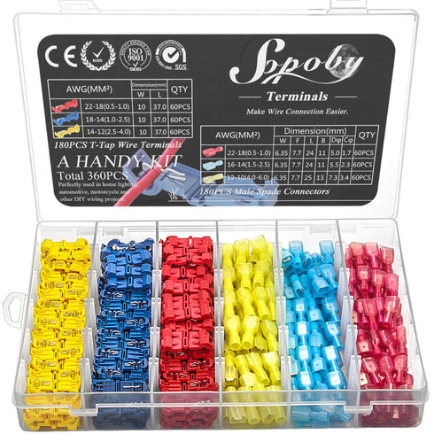 Sopoby 360PCS T Tap Wire Connectors AWG 22-10, Waterproof Quick Wire Splice Taps with Insulated Male Quick Disconnect