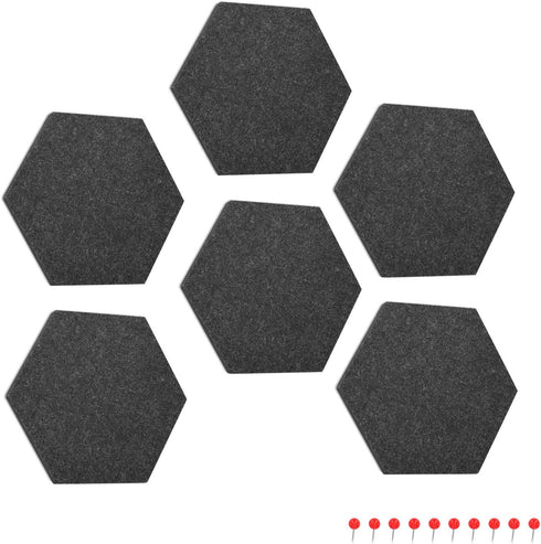 Navaris Hexagon Felt Board Tiles - Set of 6 Notice Memo Bulletin Boards with Push Pins, 5.9 x 7 inches (Dark Grey)