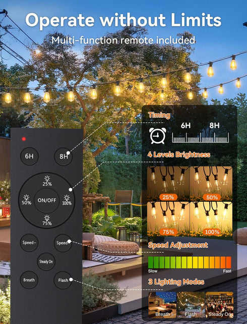 100FT 36+2 ST38 Bulbs, Dimmable 3 Brightever Solar String Lights Outdoor Waterproof with Remote, Shatterproof LED Patio