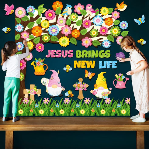 Zonon 114 Pcs Christian Spring Classroom Bulletin Board Decorations, Flower Tree Set for Sunday School Kids Office