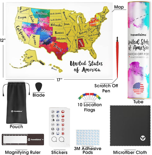 TRAVELISIMO Scratch Off Map of United States, 12x17 inch Map for Travel Tracking with 25 Unique Accessories