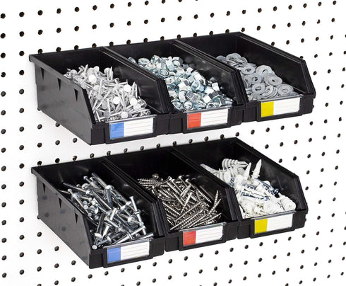 6 Pack Pegboard Bins Black Extra Large - Hooks to Any Peg Board - Organize Hardware, Accessories, Attachments