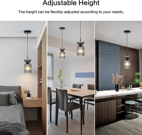 Gmrhndy E26 Glass Pendant Light, Ribbed Smoke Gray Glass Hanging Light with Adjustable Cord, Modern Pendant Light